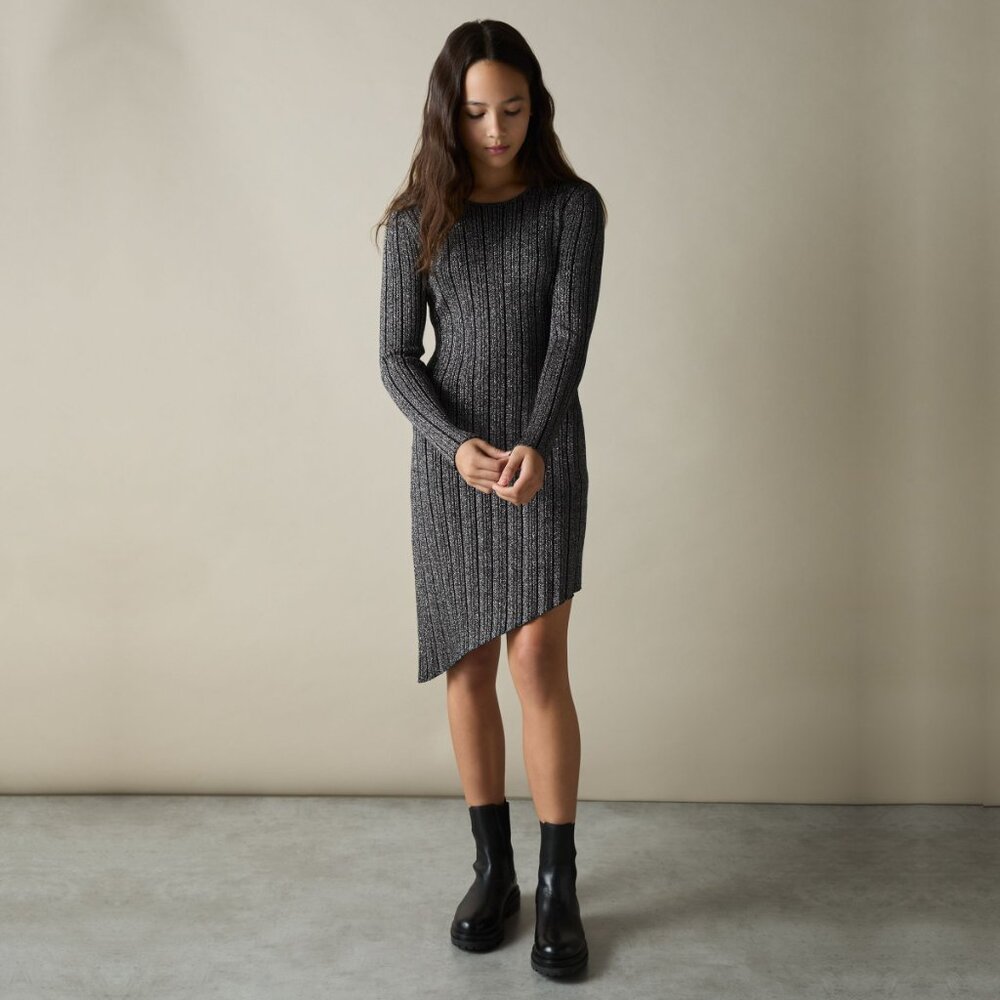 REISS Girl's Metallic Long Sleeve Asymmetric Hem Dress Black Jayden #A1179